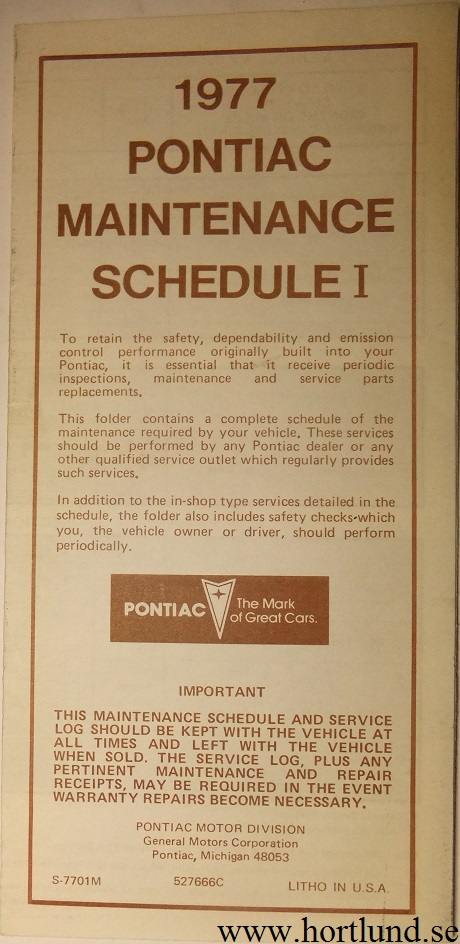 1977 Pontiac Maintenance Schedule I alla modeller