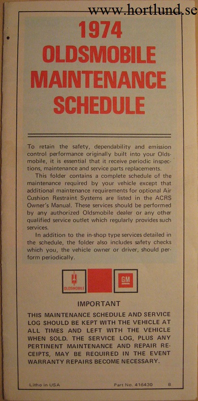 1974 Oldsmobile Maintenance Schedule alla modeller