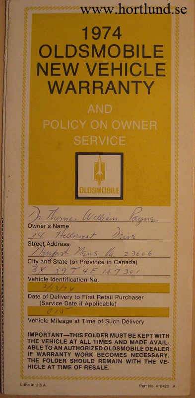 1974 Oldsmobile New Vehicle Warranty alla modeller