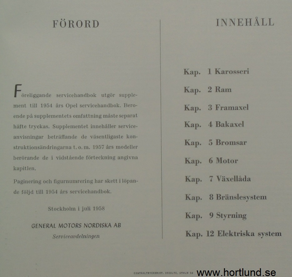 1955 - 1957 Opel Kapitän-Olympia Servicehandbok supplement på svenska - 2