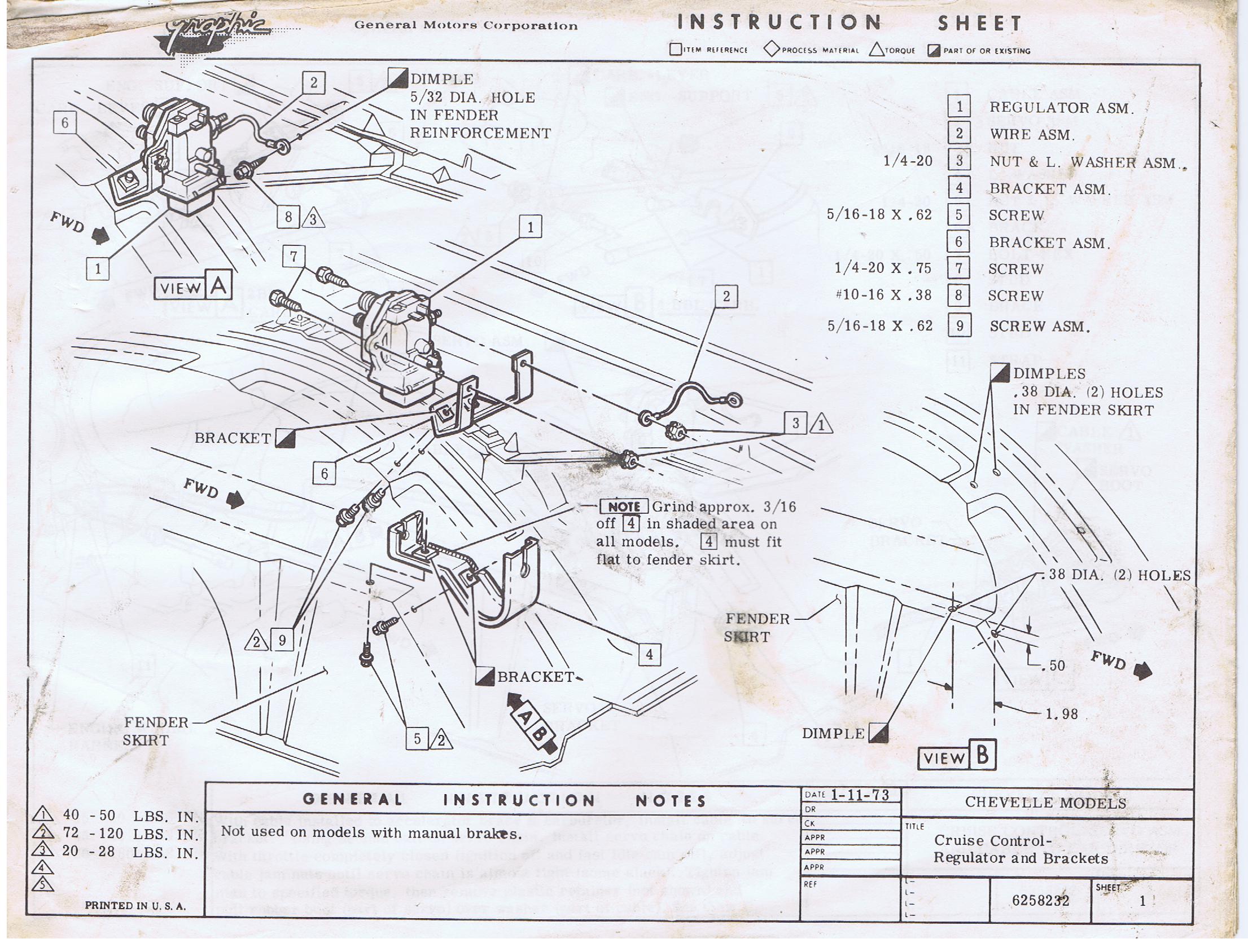 1973 Chevrolet Chevelle 6 sidor Cruise Control instruktioner ur en assembly manual
