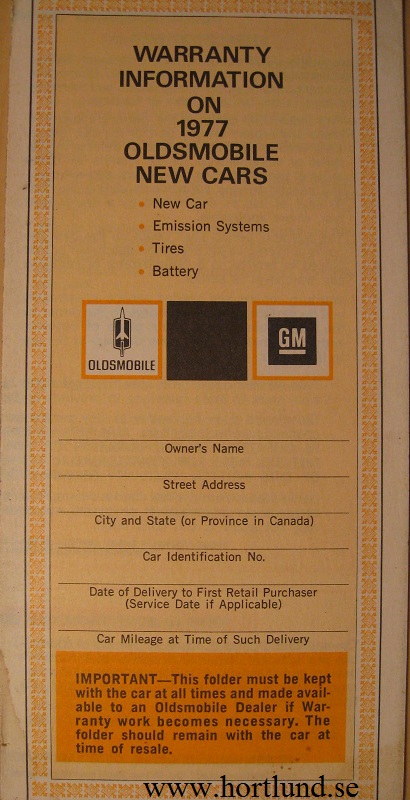 1977 Oldsmobile New Vehicle Warranty alla modeller