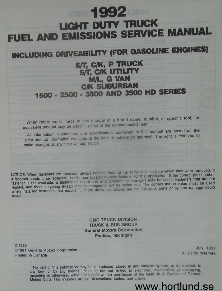 1992 GMC Light Duty Truck Service Manual Fuel and Emissions Including Driveability - 2