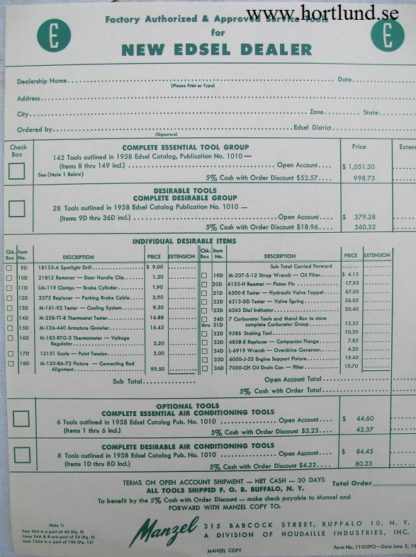 1958 Edsel Verktygsbeställning