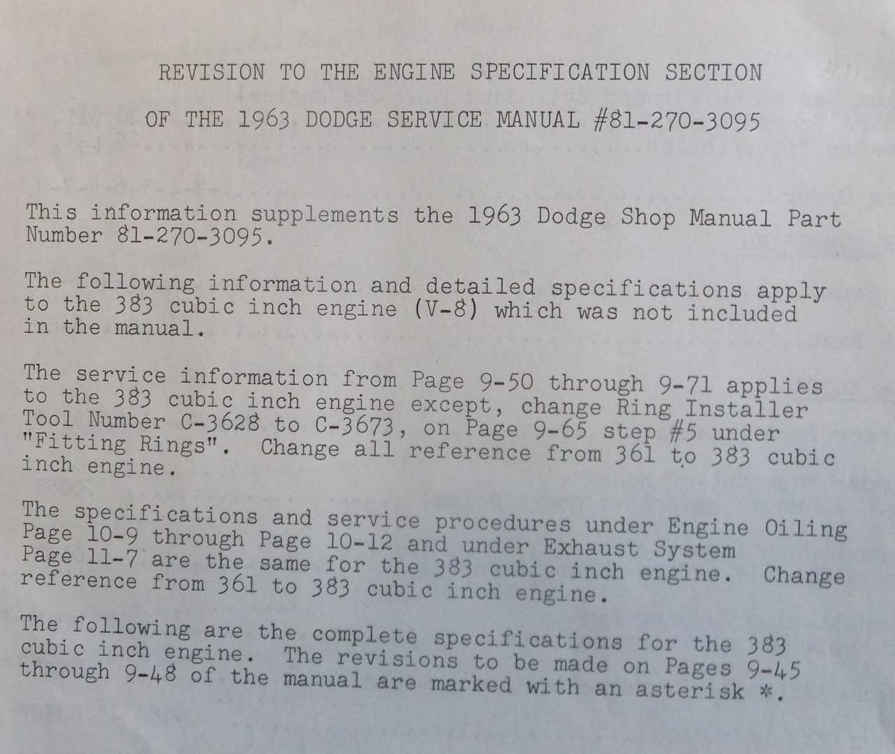 1963 Dodge 330, 340, Polara och Dart Service Manual revision