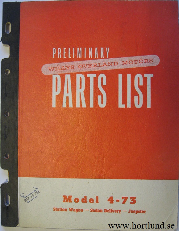 1950 Jeep 4-73 Station Wagon, Sedan Delivery and Jeepster Parts List