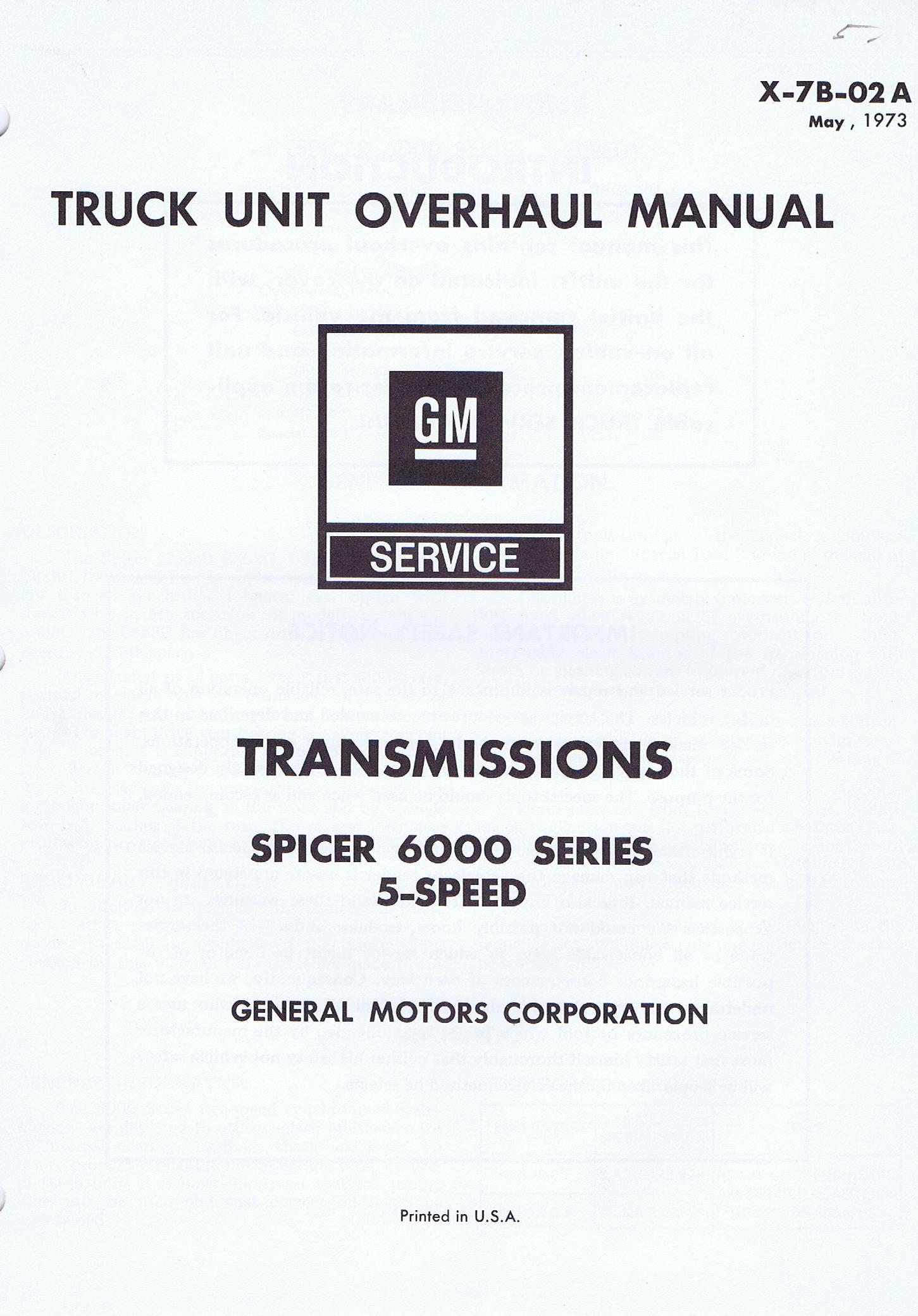 1973 Chevrolet Truck Unit Overhaul Manual Transmissions Spicer 6000 Series 5-speed