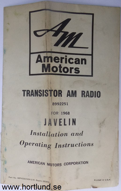 1968 AMC Javelin Transistor AM Radio Operating Instructions