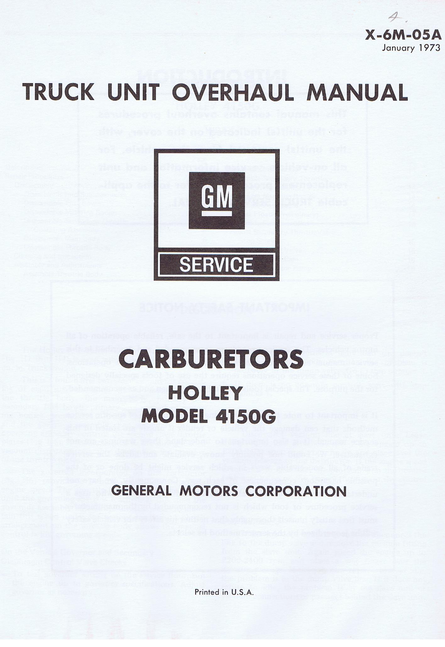 1973 Chevrolet Truck Unit Overhaul Manual Carburetors Holley Model 4150G