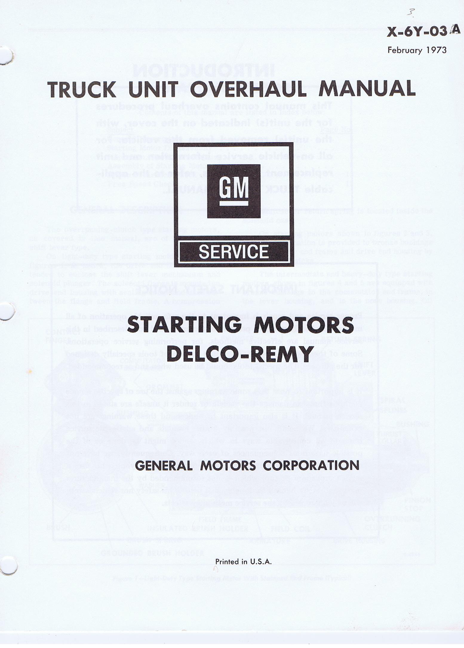 1973 Chevrolet Truck Unit Overhaul Manual Starting Motors Delco Remy