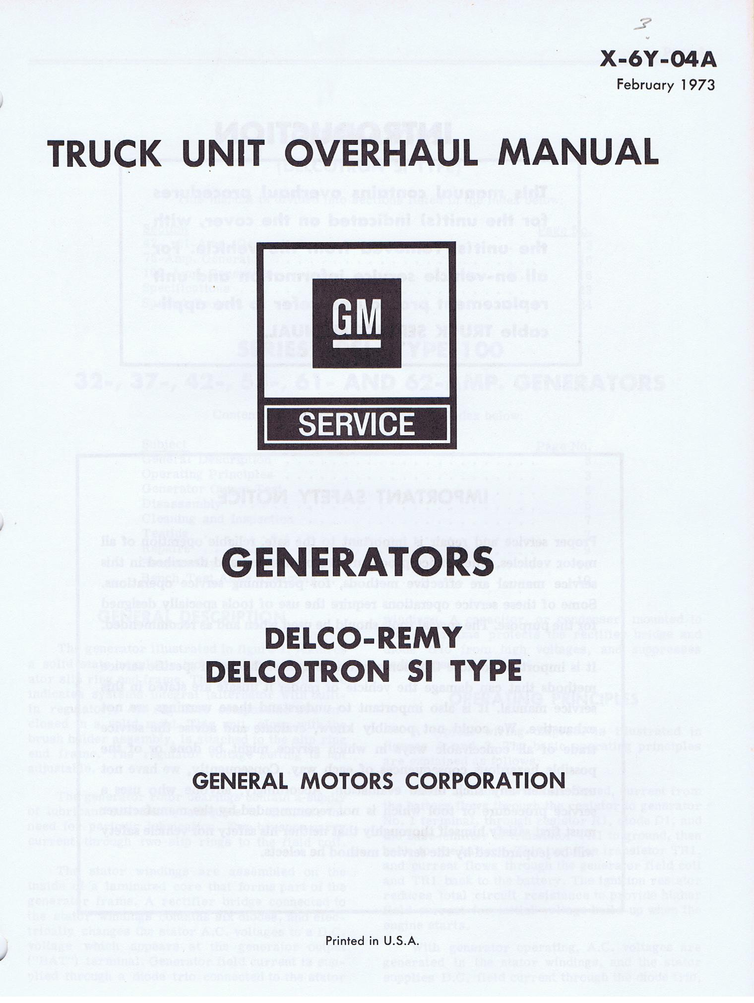 1973 Chevrolet Truck Unit Overhaul Manual Generators Delco Remy Delcotron SI Type