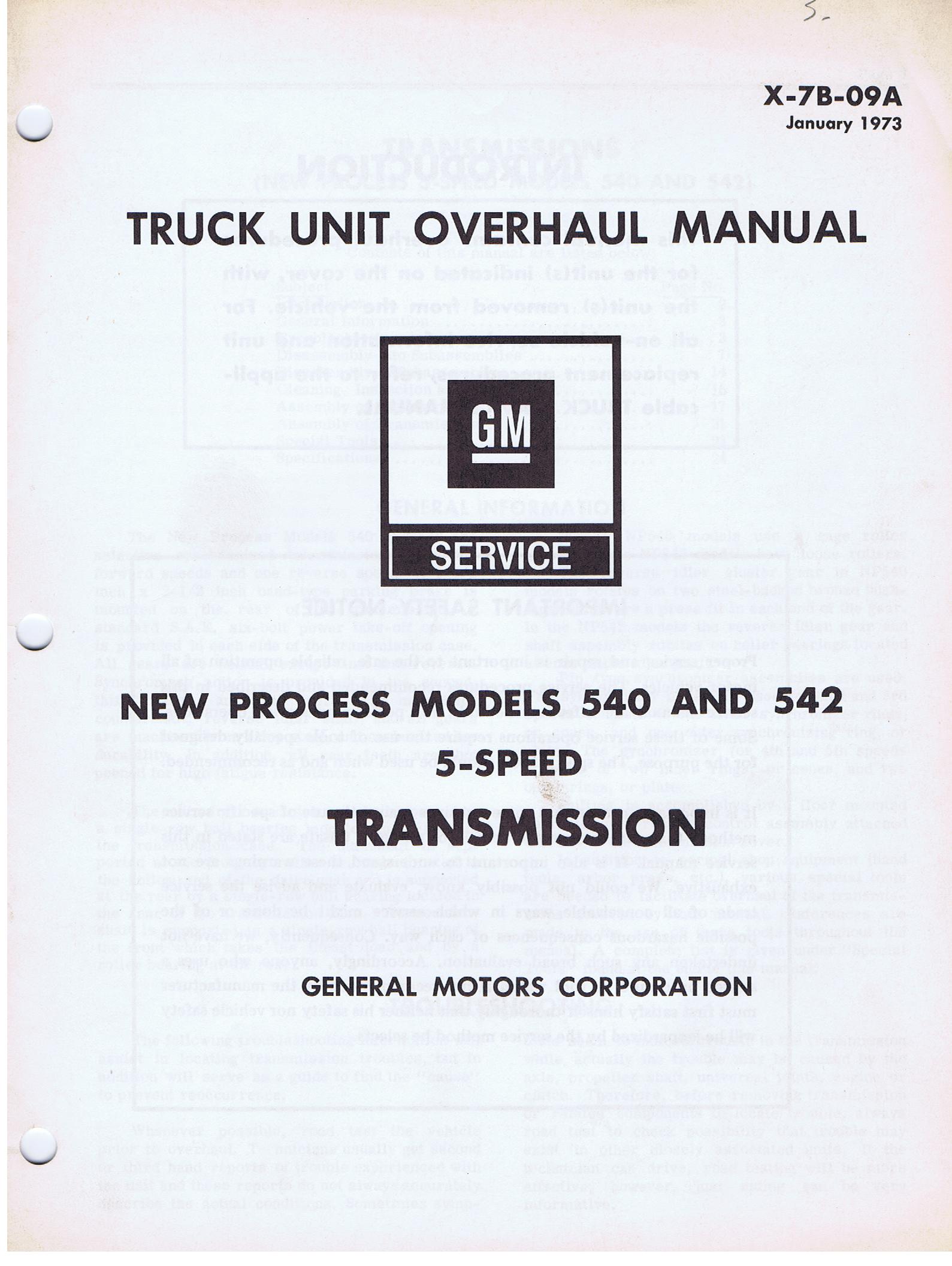 1973 Chevrolet Truck Unit Overhaul Manual  New Process Models 540 and 542 5-Speed Transmission