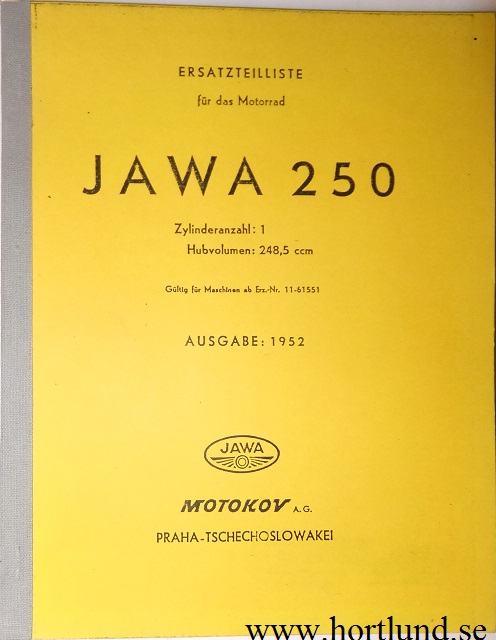 1952 Jawa 250 typ 11 Reservdelskatalog