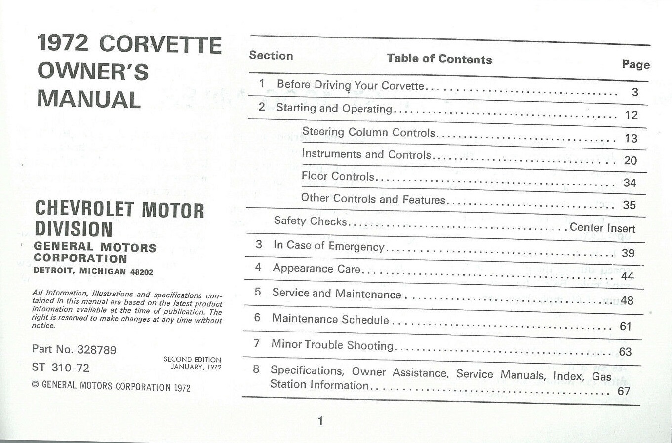 1972 Chevrolet Corvette Owner's Manual - 2