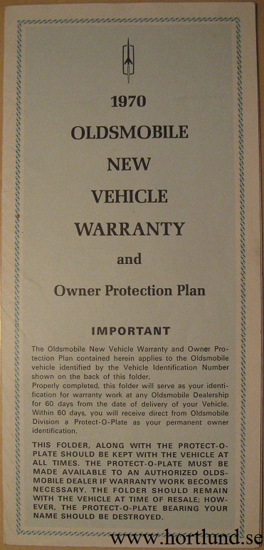 1970 Oldsmobile New Vehicle Warranty alla modeller