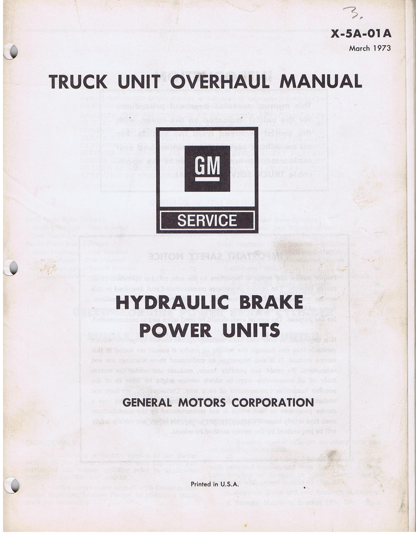 1973 Chevrolet Truck Unit Overhaul Manual Hydraulic Brake Power Units