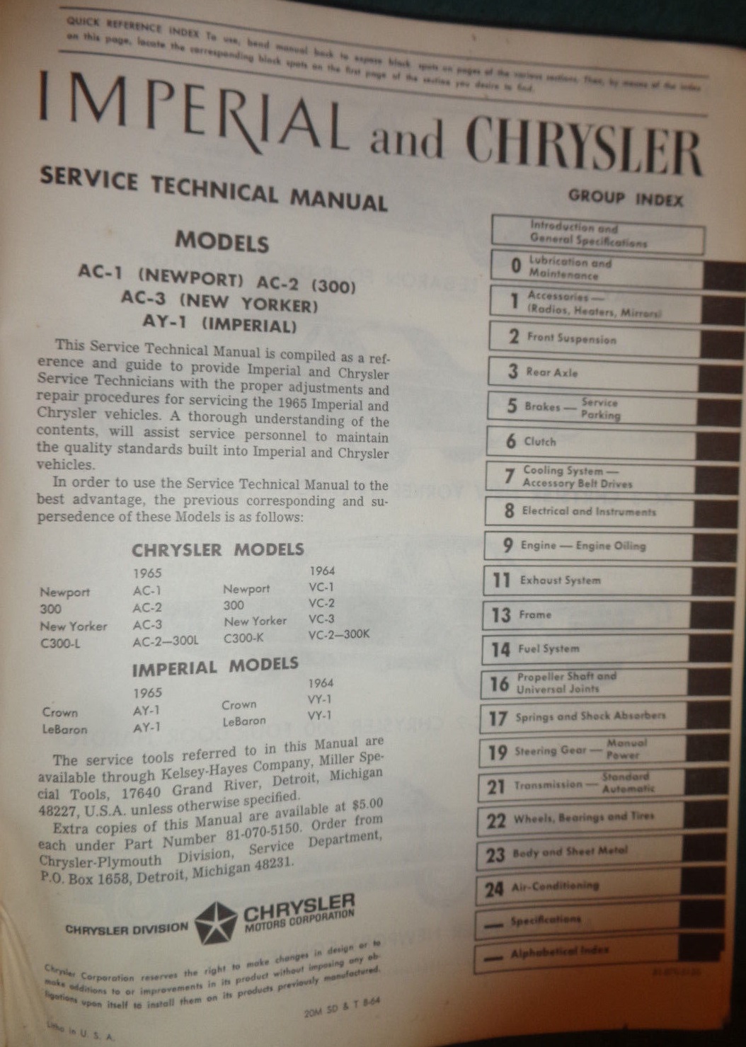 1965 Chrysler och Imperial Service Manual original - 2