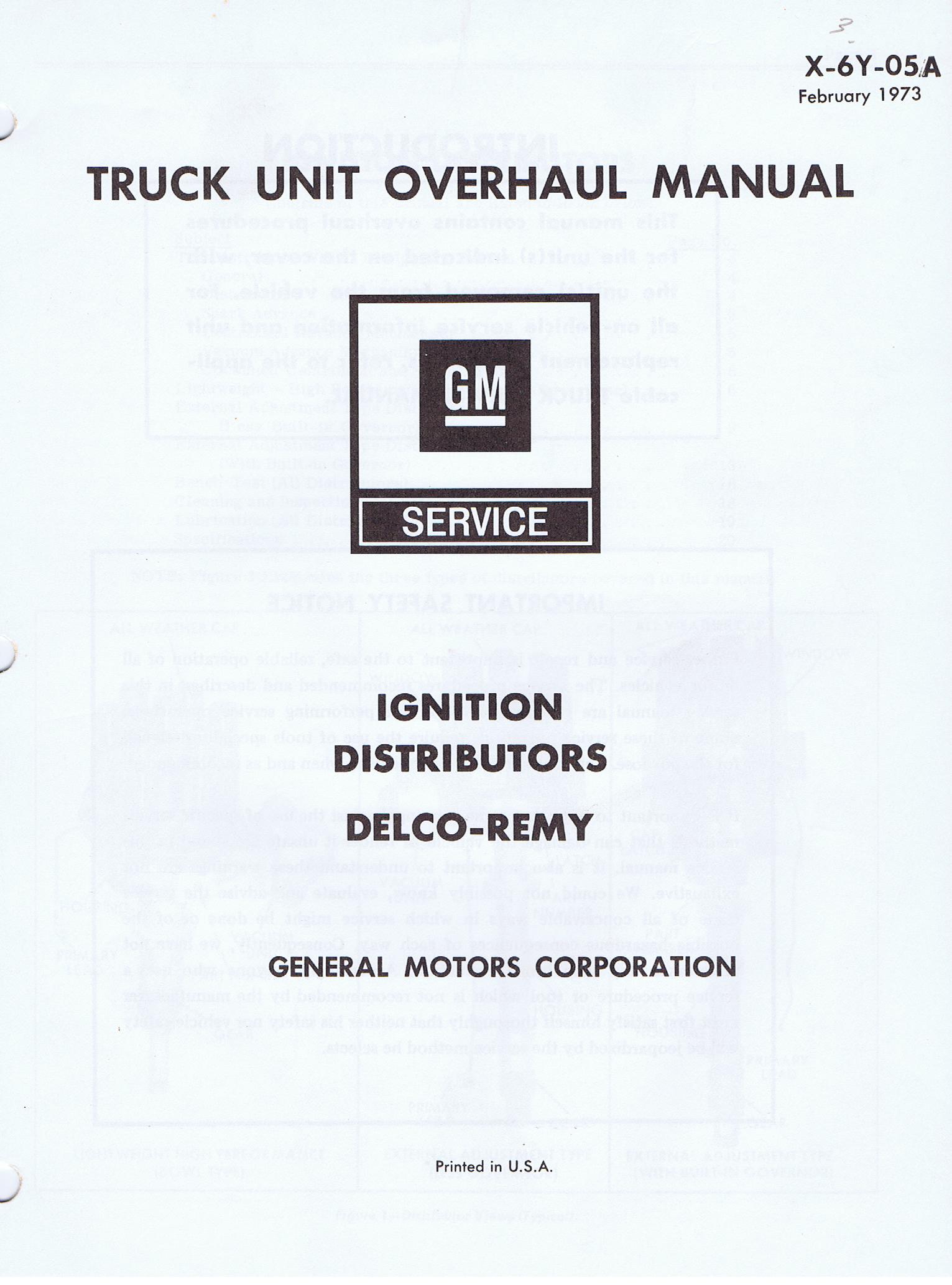 1973 Chevrolet Truck Unit Overhaul Manual Ignition Distributors Delco- Remy