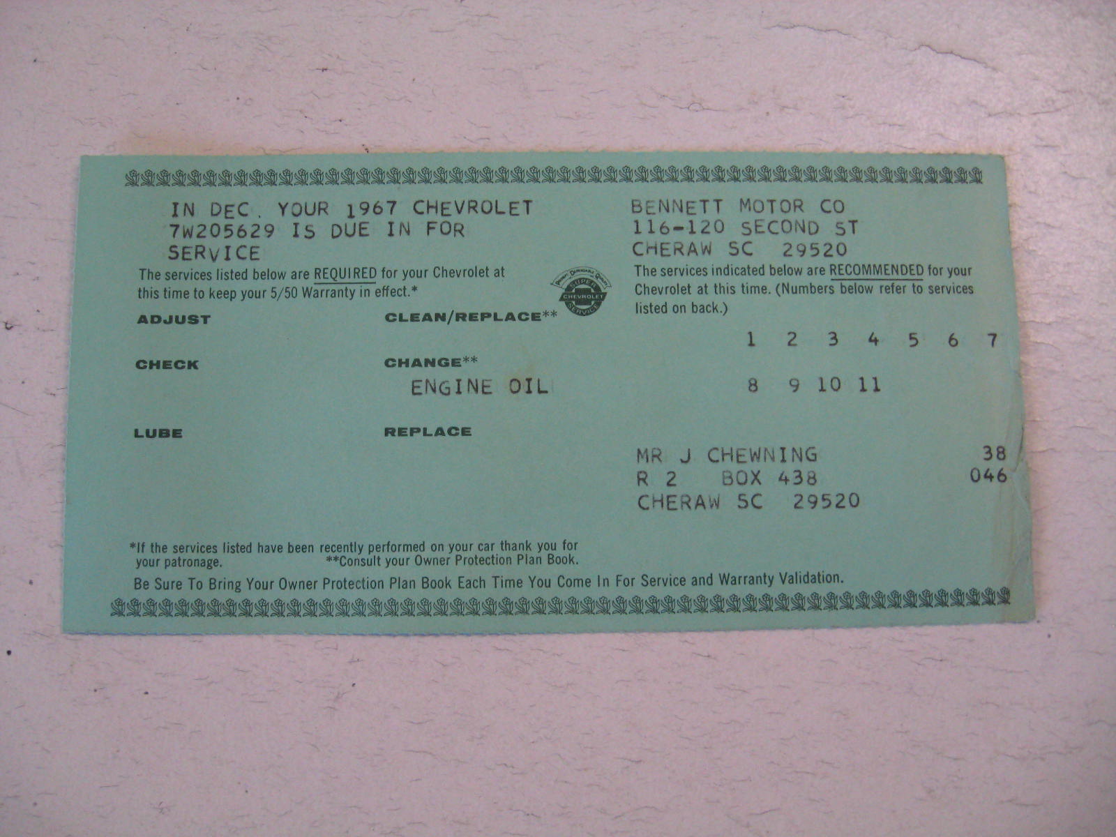 1967 Chevrolet Kallelse på service