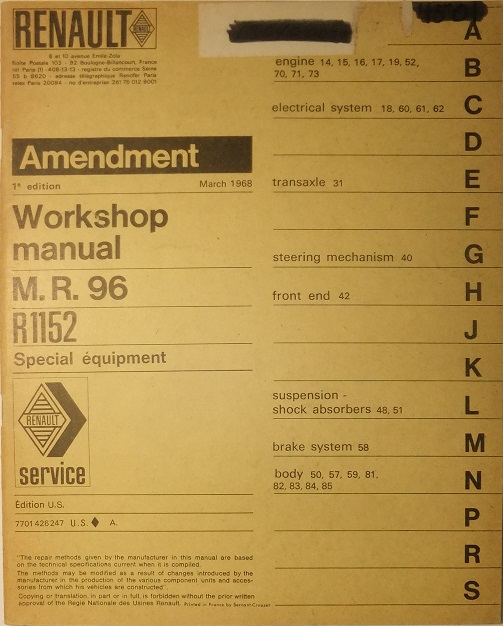 1968 Renault 16 R 1152 Workshop Manual
