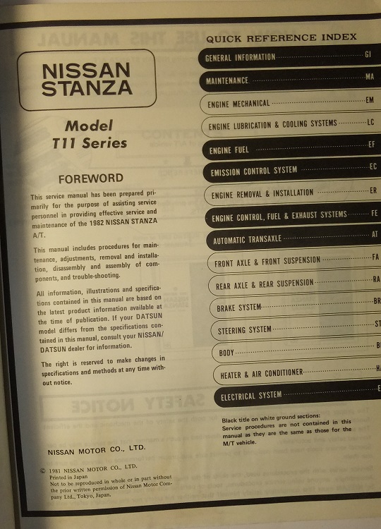 1982 Nissan Datsun Stanza T11-serien Automatic Transaxle Service Manual - 2