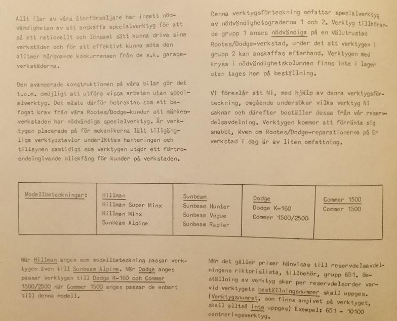 1968 Dodge Rootes Specialverktygsförteckning svensk original - 2