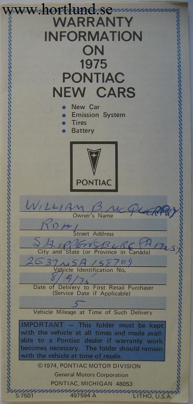 1975 Pontiac Warranty Information on New Cars alla modeller
