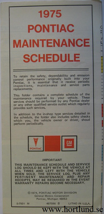 1975 Pontiac Maintenance Schedule alla modeller