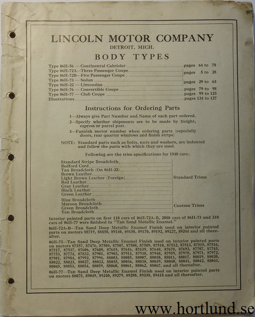 1940 Lincoln Zephyr Body Parts List