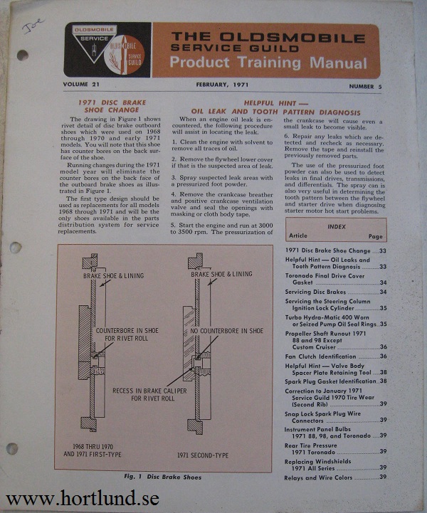1971 Oldsmobile Service Guild Training Manual February