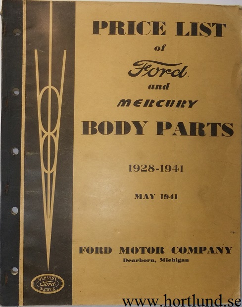 1928 - 1941 Ford and Mercury Price List of Body Parts