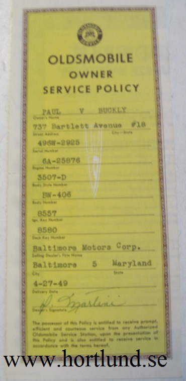 1949 Oldsmobile Owner Service Policy
