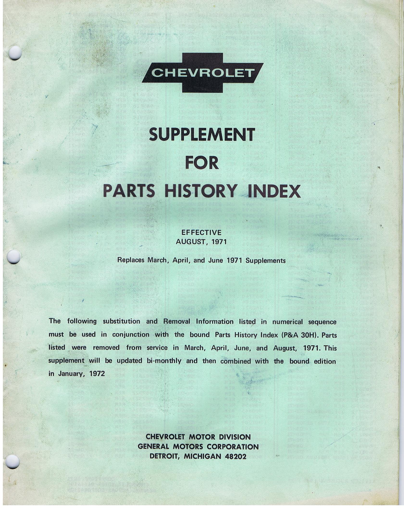1971 Chevrolet Supplement For Parts History Index
