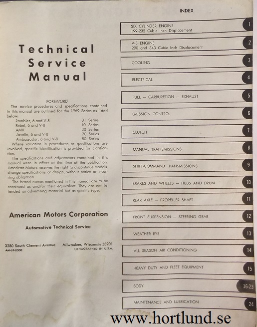 1969 AMC Rambler, Javelin, Rebel, AMX, Ambassador Technical Service Manual original - 2
