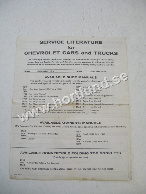 1960 Chevrolet Literature Order Form