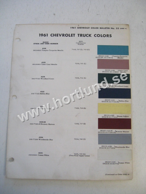 1961 Chevrolet Truck Colors bulletin no 33 Sheet4