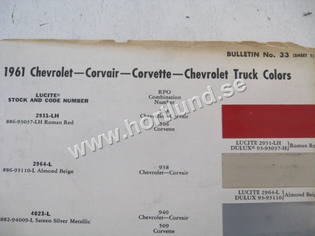 1961 Chevrolet Colors all models