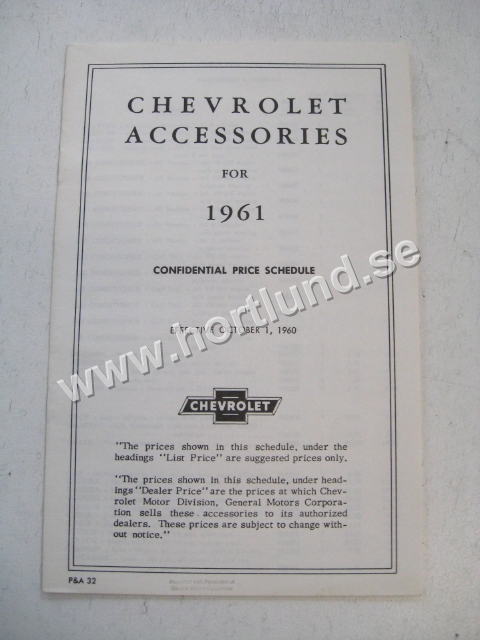 1961 Chevrolet Accessories Confidential Price Schedule