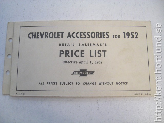 1952 Chevrolet Accessories Price List
