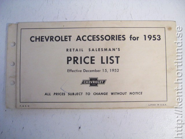 1953 Chevrolet Accessories Price List