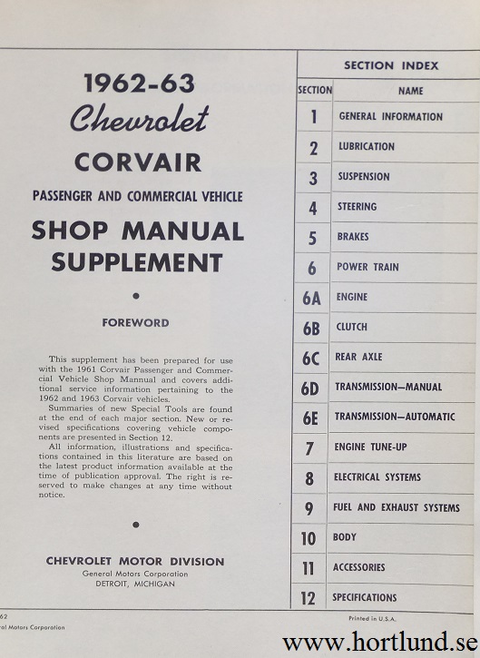 1963 Chevrolet Corvair and Corvair 95 Shop Manual Supplement - 2