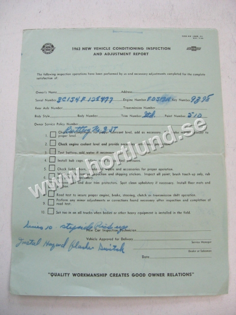 1963 Chevrolet New Vehicle Conditioning Inspection And Adjustment Report