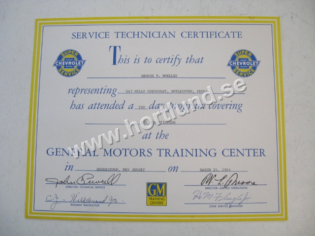 1964 Chevrolet Service Training Certificate Air Conditioning