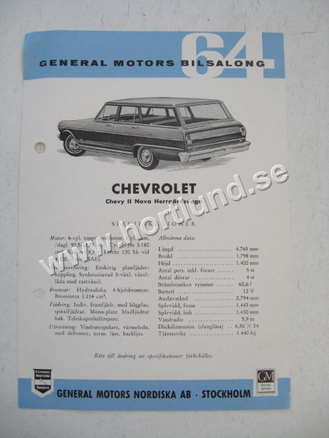 1964 Chevrolet Chevy II Nova Herrgårdsvagn Försäljningblad SV Svenskt Original