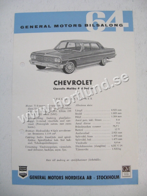 1964 Chevrolet Chevelle Malibu 4-d Sedan Försäljningblad SV Svenskt Original