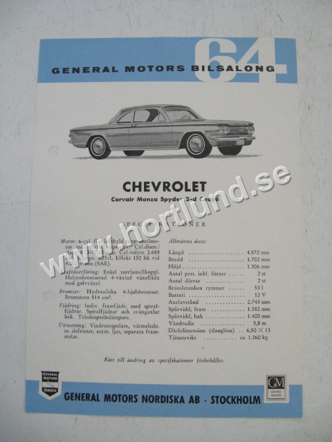 1964 Chevrolet Corvair Monza Spyder 2-d Coupe Försäljningblad SV Svenskt Original
