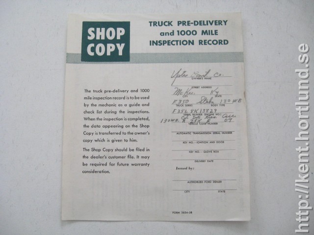 1958 Chevrolet Truck Pre-Delivery and 1000 mile inspection record