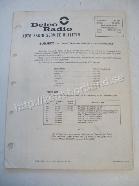 1970 Delco Radio Service Bulletin 6D-1970-1