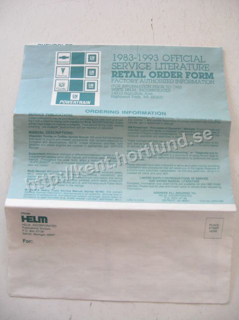 1983-1993 GM Service Literature Retail Order Form