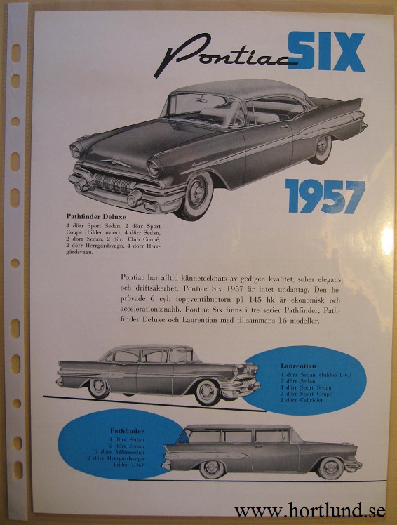 1957 Pontiac Six Laurentian och Pathfinder broschyr svensk